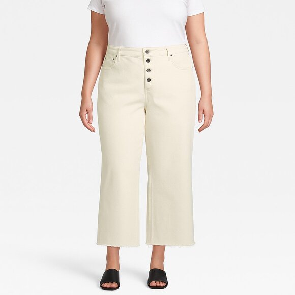 Time and Tru White Wide Leg High Rise Button Fly Raw Hem Denim Jeans Womens 20 - Picture 1 of 16